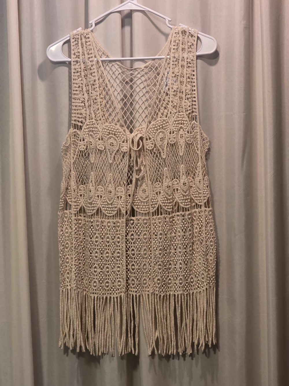 Roommates Crochet Fringe Open-Knit Vest in Cream